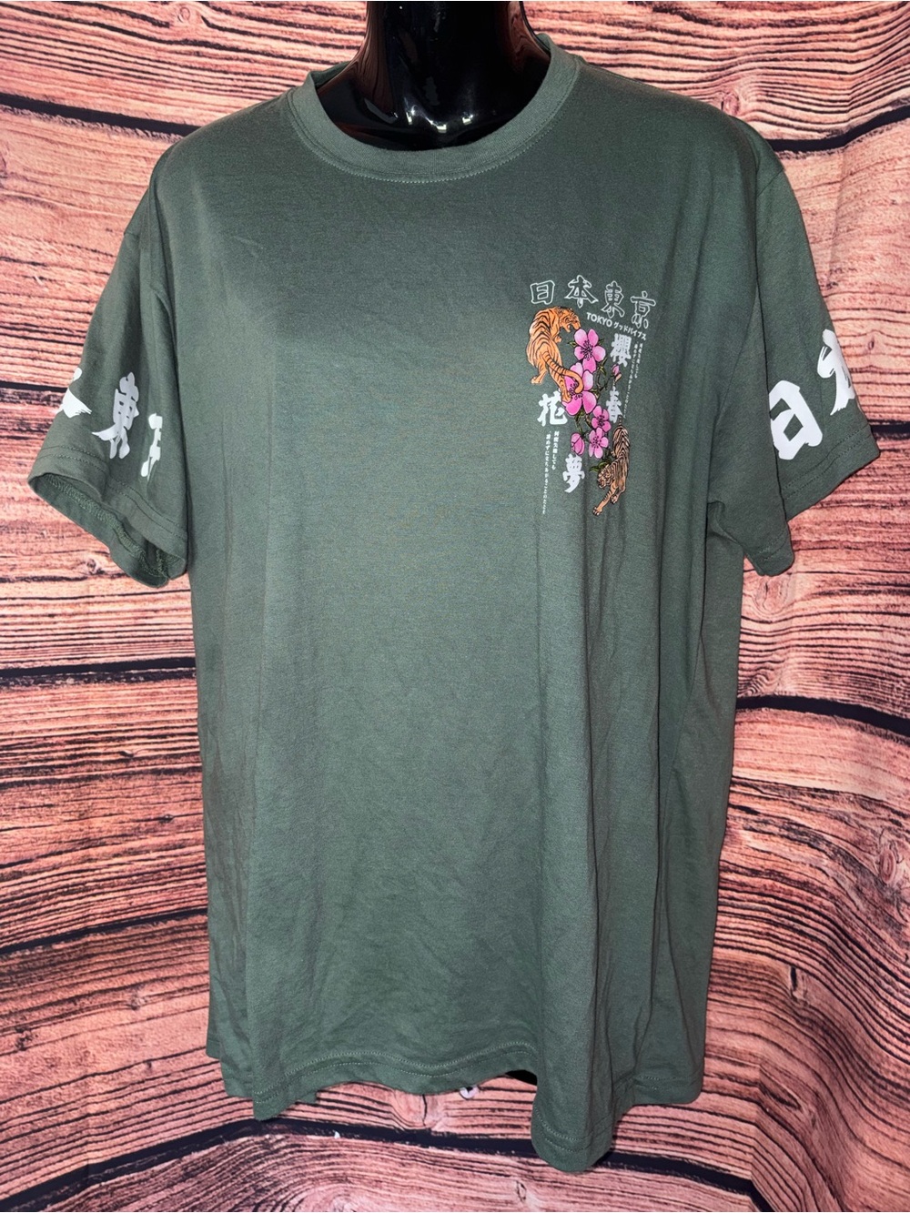 Men's Olive Green Graphic Short Sleeve Tee Japanese Motif Tokyo Good Vibes